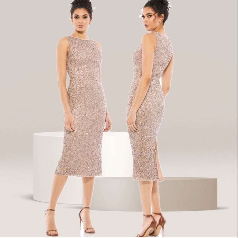 Mac Duggal 5526 Silver Champagne Sequin Midi Party Dress New Rosewood